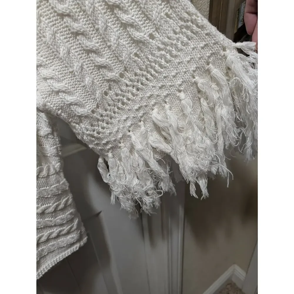 Cabi Fiesta Fringe Cable Knit Sweater Women’s S Cream Oversized V Neck